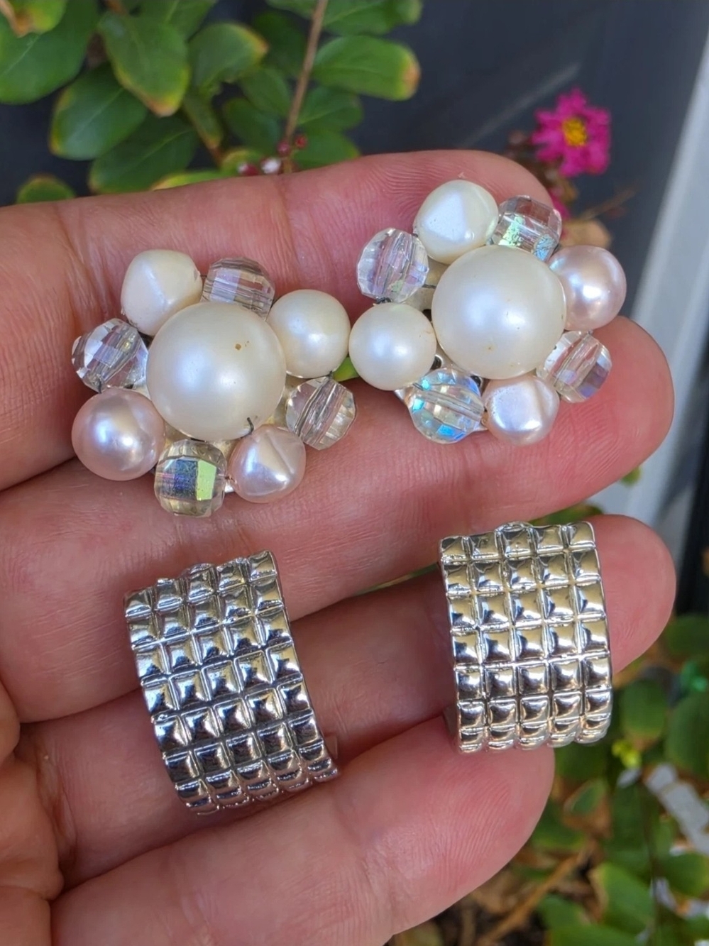 Vintage Lot Of 2 Pairs Clip On Earrings Faux Pearl Bead Cluster Silver Half Hoop